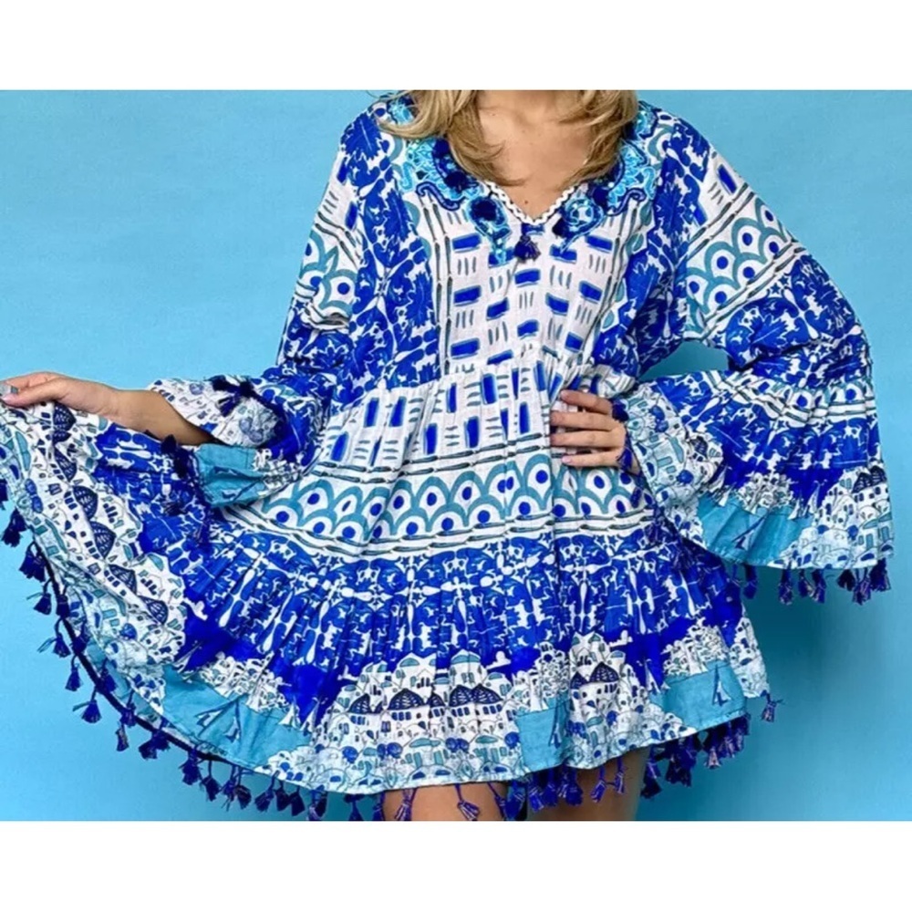 Antica Santoria by Giacomo Cinque Blue/White Beaded Tassel Dress